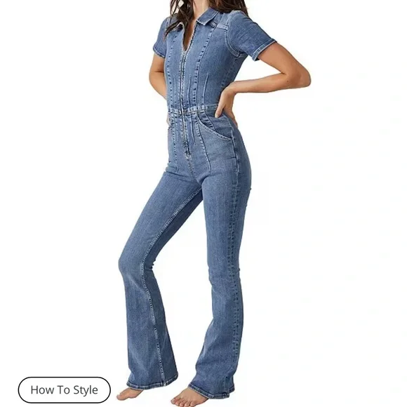 Free People Jayde point collar short sleeve flared leg flight suit sz S - Picture 5 of 10